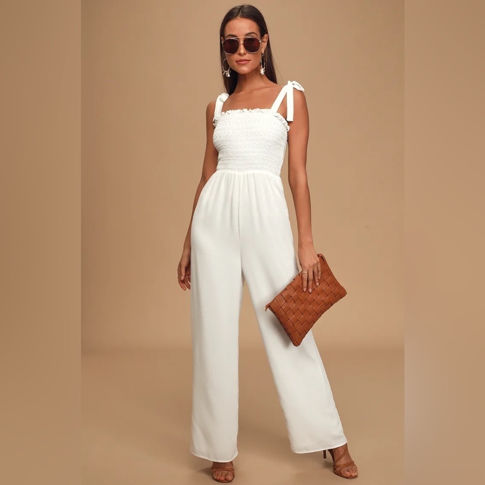 Lulus Fond of You White Tie-Strap Smocked Wide-Leg Jumpsuit
